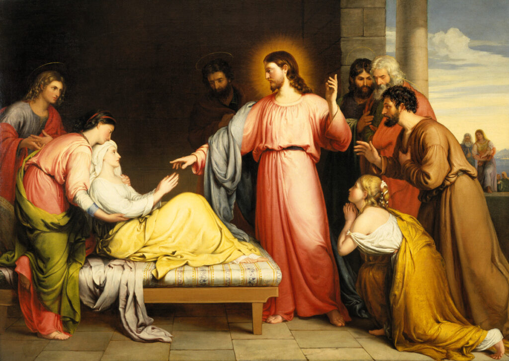 Il dipinto di oggi è: “Gesù guarisce la suocera di Pietro” del pittore inglese John Bridges, 1839, olio su tela, 121,9 x 173,2 cm, Birmingham Museum of Art