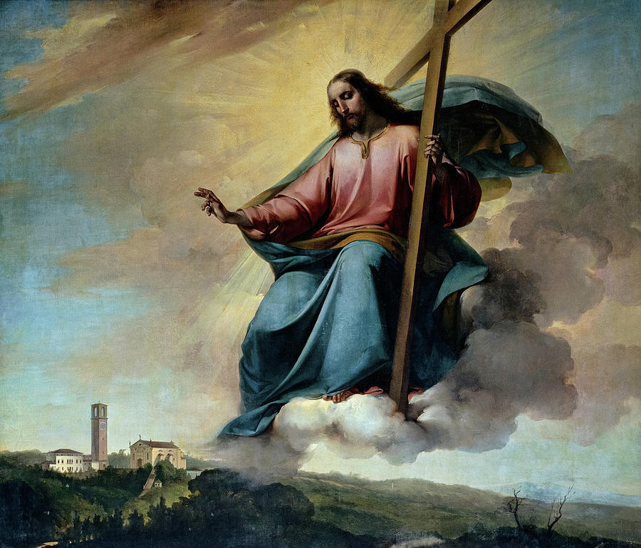 Il dipinto di oggi è: “Cristo nell’atto di benedire Montebelluna”, di Girolamo Michelangelo Grigoletti, 1856, olio su tela, Chiesa di Santa Maria in Colle di Montebelluna (TV).